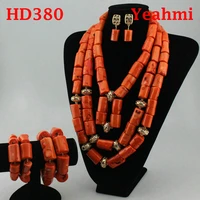 handmade 3 layers real coral beads chunky women jewelry sets accessory african bridal costume jewelry set hd380