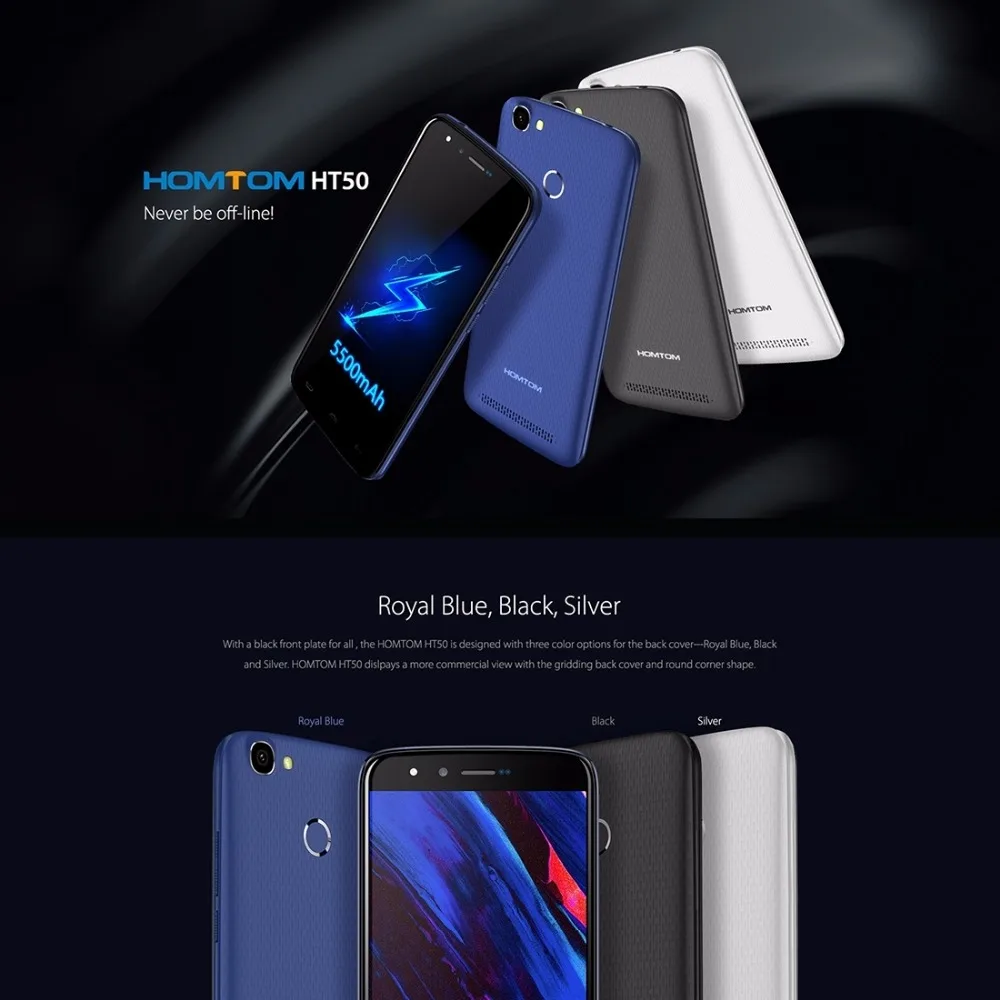 HOMTOM HT50 3GB+32GB 5500mAh Battery Fingerprint Identification 5.5'' 2.5D Android 7.0 MTK6737 Quad Core up to 1.3GHz 4G LTE |