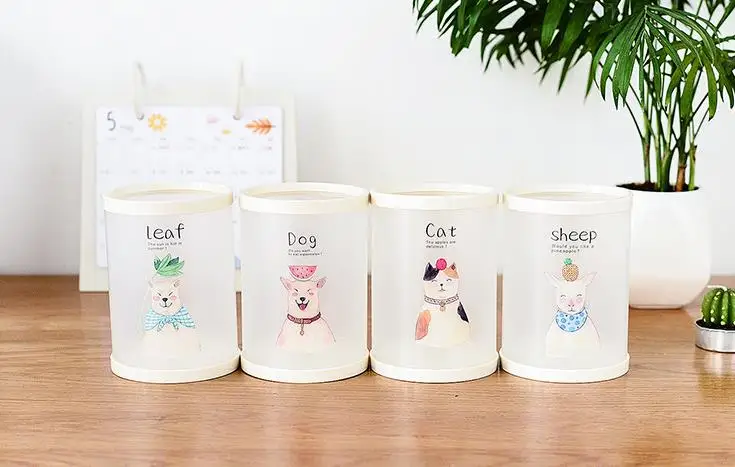 1 Pcs Kawaii Round Animal Cat Dog Number Starry Sky Office Desk PP Pen Holders Pencil Container Storage Organizer Stationery