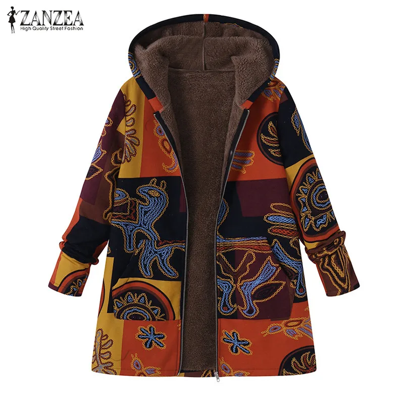 

2022 ZANZEA Women Long Sleeve Hooded Winter Thicken Warm Coat Autumn Retro Faux Fluffy Ethnic Printed Basic Outerwear Oversize