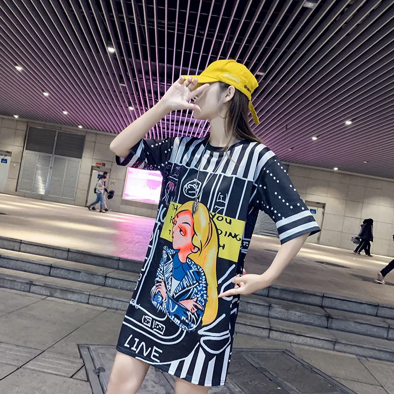 Summer short-sleeved dress female 2019 spring and summer new girl print mesh T-shirt long section quick-drying ice silk | Женская одежда