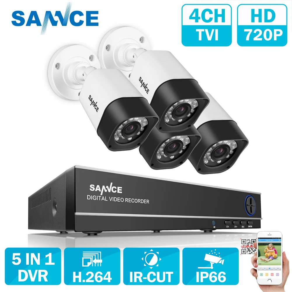 SANNCE 4CH 720P DVR система наблюдения и(4) HD 1,0 MP наружные фиксированные камеры безопасности с P2P и qr-кодом сканирование простое дистанционное управление