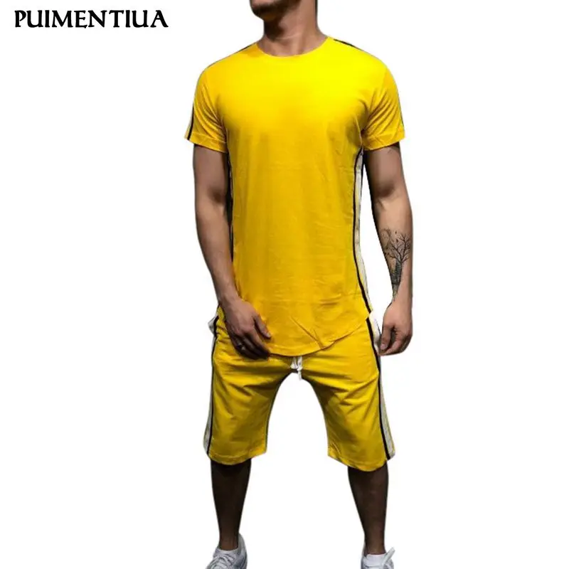 Летний модный однотонный Повседневный Свободный Мужской комплект в полоску с