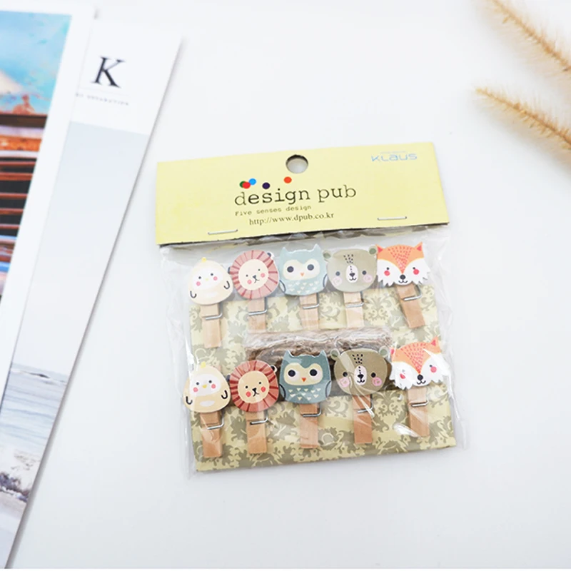 10 шт./упак. Kawaii Fox lion деревянные зажимы фотообои с пеньковой веревкой прищепки