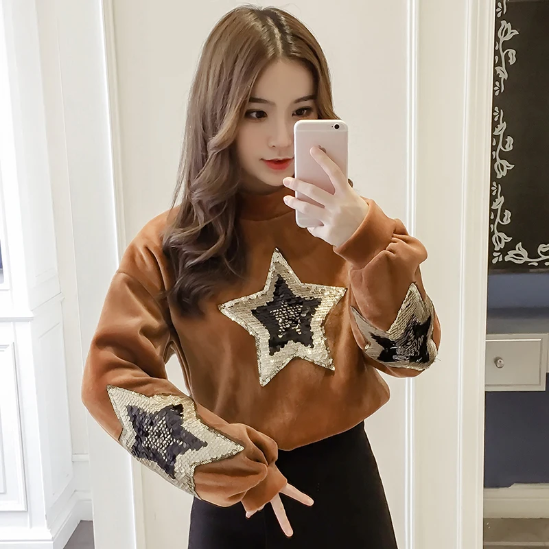 

autumn outfit new women pleuche coat loose thickening sequins fleece lady pullovers hoodies sweatshirt casual clothes star decor