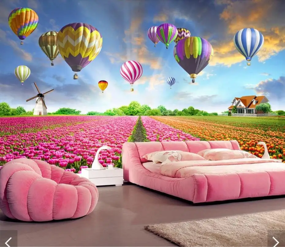 3D Hot Air Balloons Tulip Flower Wall Paper Mural for Kids Bedroom Floral Art Decor 3d Home Wallpaper Landscape Murals | Обустройство