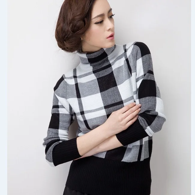 High Quality Winter Women's Turtleneck Plaid Sweater Ladies Fashion Striped Collar Thick Warm Sweaters Pullovers | Женская одежда