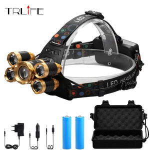 5 * T6 светодиодный налобный фонарь, 4 режима, зуммируемый налобный фонарь, USB Перезаряжаемый налобный фонарь + 2*18650 батареи + зарядное устройство переменногопостоянного тока + бесплатная коробка