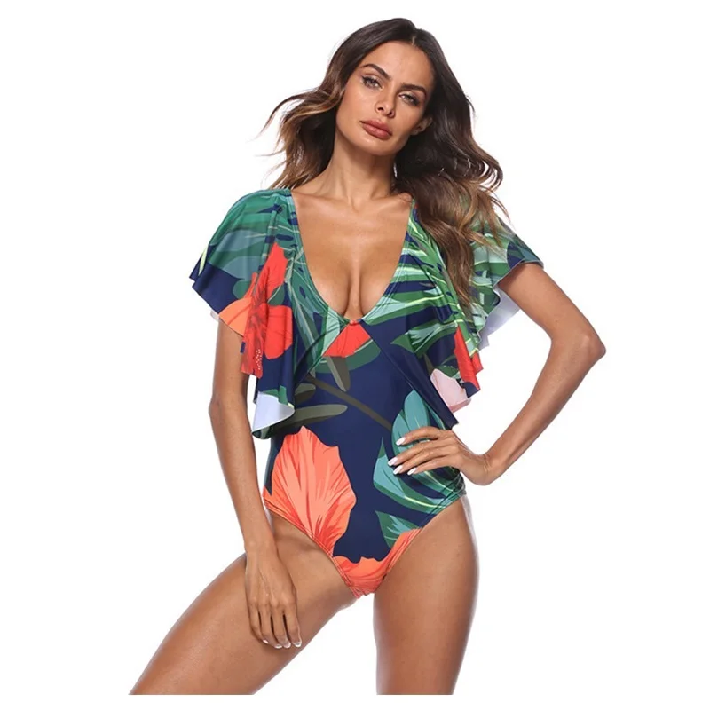 Женский слитный купальник с тропическим цветочным принтом и глубоким v образным