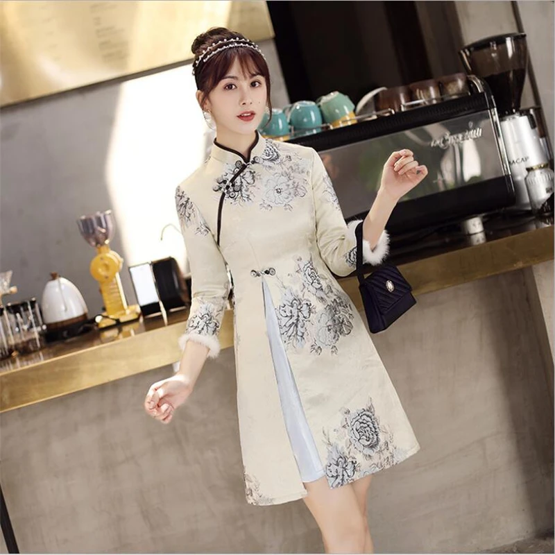 2019 Ретро Женская Китайская cheongsam Улучшенная Роскошная жаккардовая традиционная