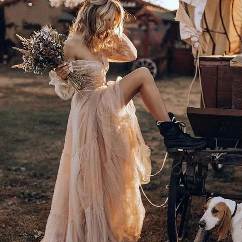 Robe de mariee винтажное шампанское Бохо свадебное платье кружева с длинным рукавом Vestido De Noiva Тюль Длина до пола трапециевидные свадебные платья