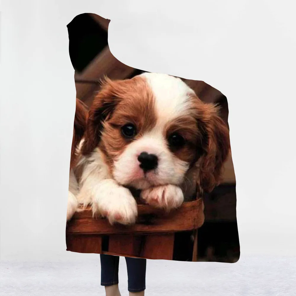 3D одеяло с капюшоном с изображением животных, Шарля спаниеля, Bichon, супер качество, шерпа, флисовое переносное одеяло, плотное теплое одеяло для дивана и кровати