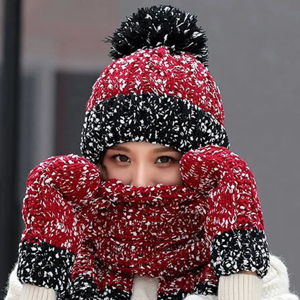 3 шт. Женская Вязаная Шапка бини шарф и перчатки|Женские шарфы| |