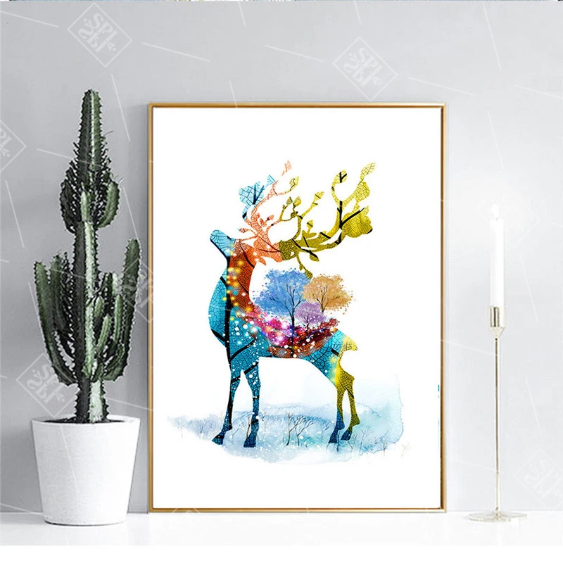 Nordic Minimalist Home Decoration Posters Watercolor Elk Deer Animals Canvas Painting Hd Printed Wall Art Pictures for Kids Room | Дом и сад