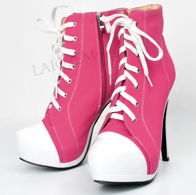 LGZ487 Fuchsia LAIGZEM/парусиновые женские ботинки на платформе; Botines Mujer; короткие ботильоны на высоком каблуке с боковой молнией; женская обувь; большие размеры 34-52 - Цвет: LGZ487 Fuchsia