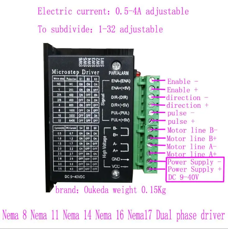 TB6600 сменный Драйвер шагового двигателя 2 фазный 9 40VDC 4A для NEMA17 NEMA23 мотор ЧПУ