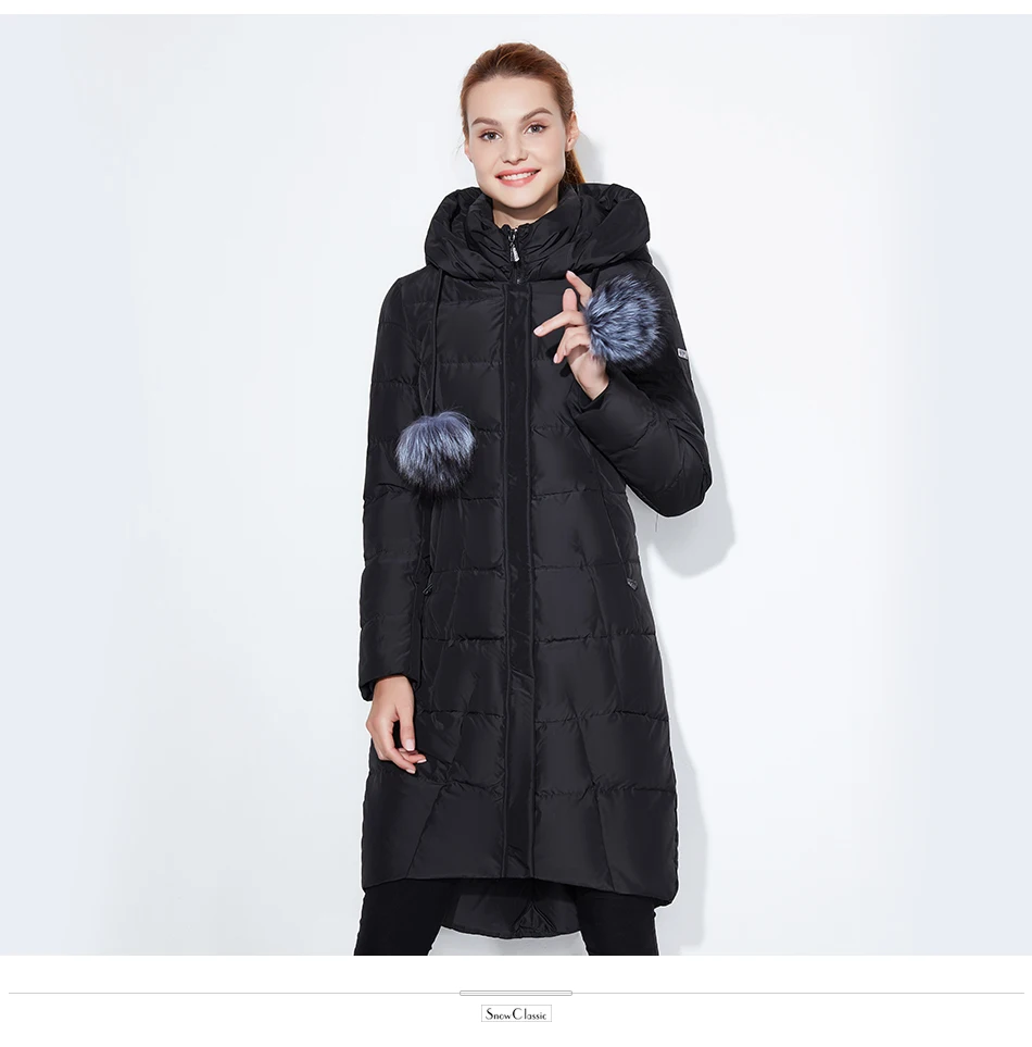 SnowClassic зима длинная куртка женщин теплый пальто мода Preppy Style outwear сплошной толстый куртка передний край лисица меховой воротник