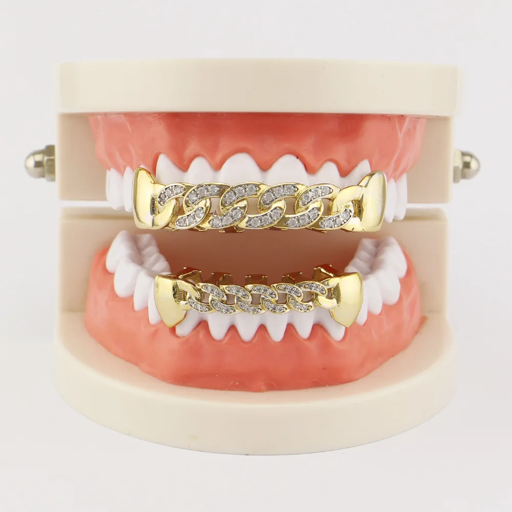 Iftec Pure Gold Color Plated Fang Teeth Grillz Micro Pave Cz Stones Exclusive Luxury Top &amp Bottom Hip Hop Chain Grills | Украшения и