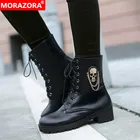 MORAZORAБольшие размеры 34-43, новые женские ботинки на квадратном каблуке, на шнурках, с закругленным мысом, осенне-зимние ботинки, женские ботильоны с металлическим рисунком