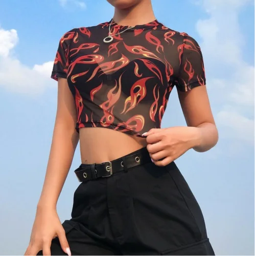 Лидер продаж 2019 модная футболка Женский пикантный облегающий сетчатый