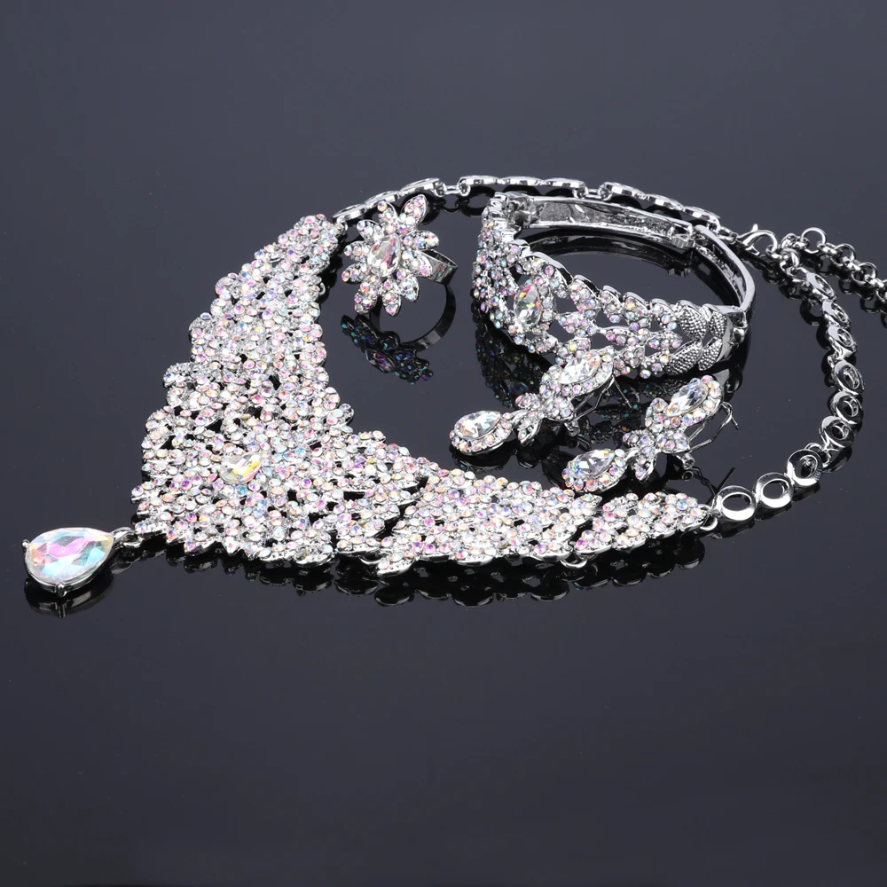 AB Цвет Кристалл Свадебные Ювелирные наборы серебряный цвет ожерелье серьги для