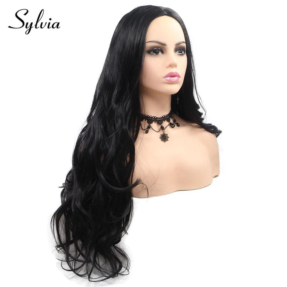 Sylvia 1b# естественная волна синтетических полный машины парики пробор черные кружева бесклеевого жаропрочных волокно волос