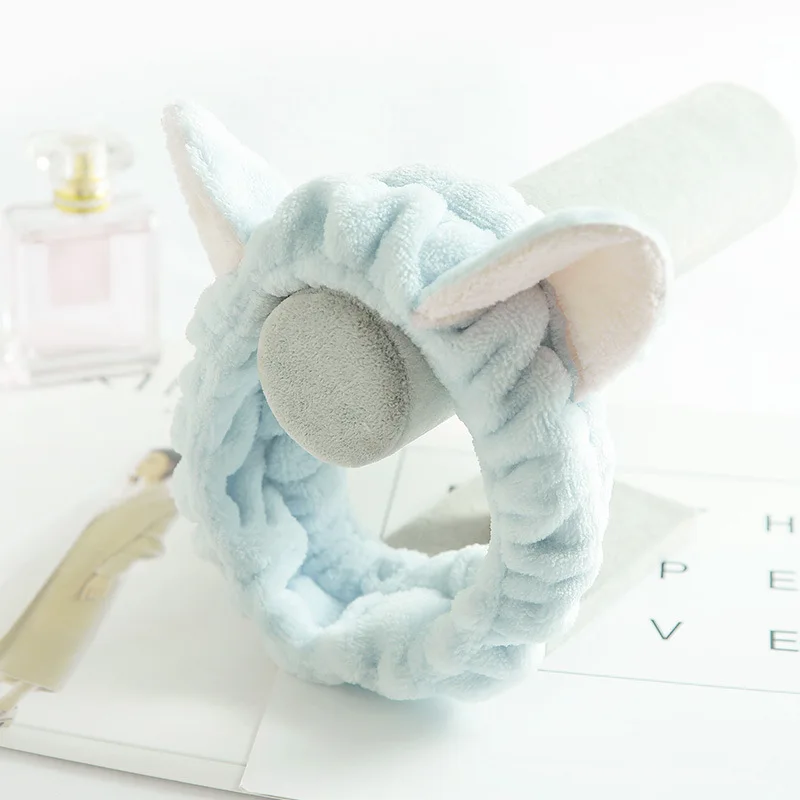 A Fold with sky blue Милая мягкая флисовая женская повязка на голову с заячьими ушками для макияжа, повязка для волос для мытья лица, спа-маска для душа - Цвет: A Fold with sky blue