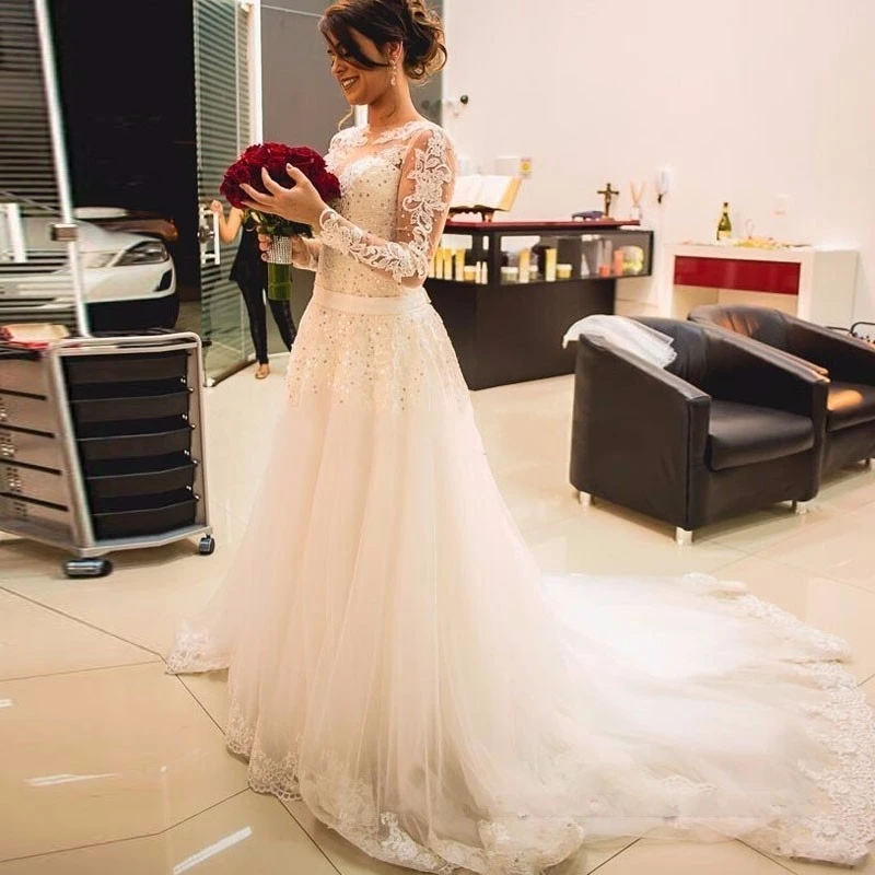 KSD618 Vestido De Noiva 2017 Elegant Lace Long Sleeve Muslim Wedding Dress Custom Made Cheap Appliques A-Line Gowns | Свадьбы и