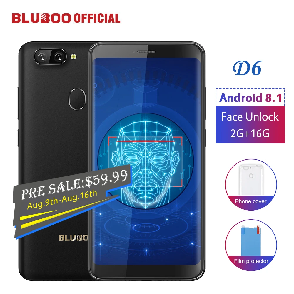 BLUBOO D6 Android 8 1 смартфон 5 ''MTK6580 4 ядра 2G RAM 16G ROM Face Unlock двойной задней камерами 18:9