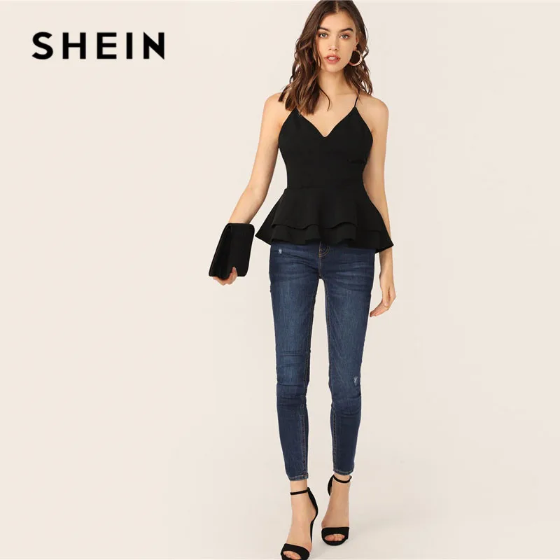 SHEIN женский топ с кружевной вставкой и многослойной оборкой сзади, черный облегающий летний топ с v-образным вырезом на бретельках, сексуальный топ без рукавов