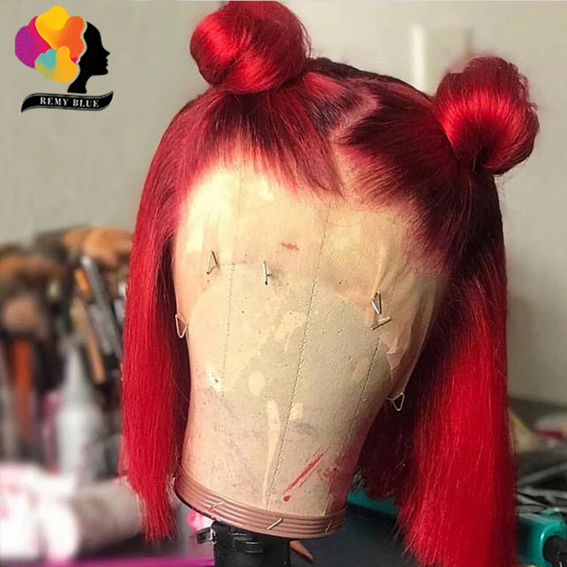 Red Бразильские Прямые Человеческие волосы Remy для наращивания, Красный парики темно-красные 13X4 Синтетические волосы на кружеве парик с детскими волосами предварительно вырезанные короткие парики из человеческих волос Remyblue - Цвет волос: Red
