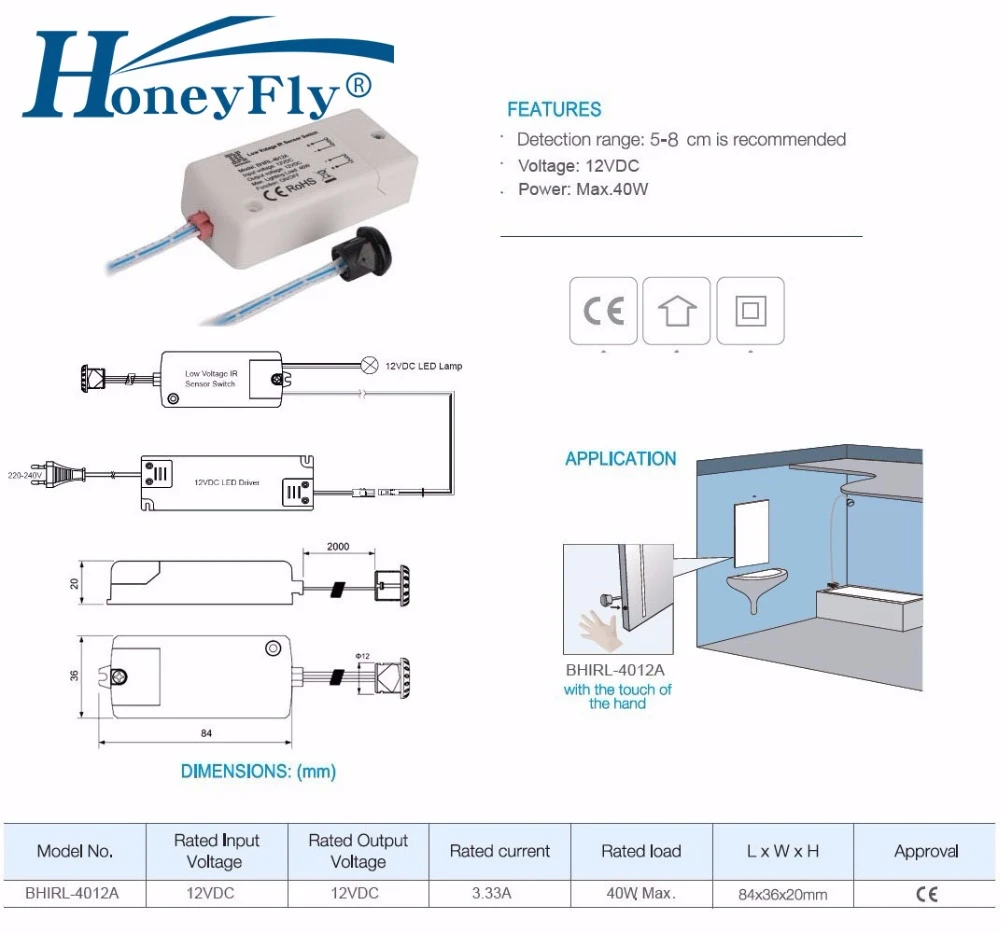 HoneyFly светодиодный DC 12 В ИК-датчик переключатель 40 Вт Инфракрасный светильник переключатель для светодиодный лампы светодиодный датчик движения полосы есть волна 5-8 см CE
