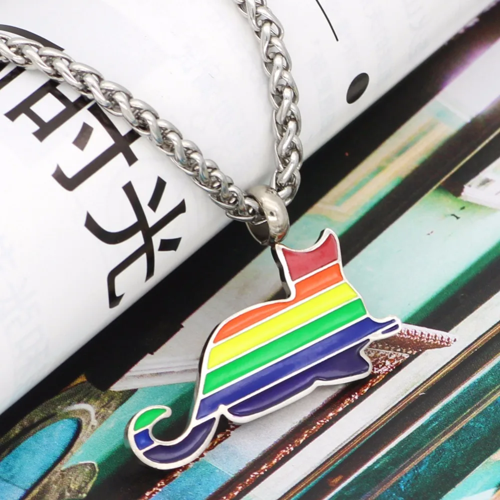2018 Creative Rainbow Cat Gay Pride Stainless steel Necklace For Woman Men LGBT gift for Foever Love Pendant | Украшения и