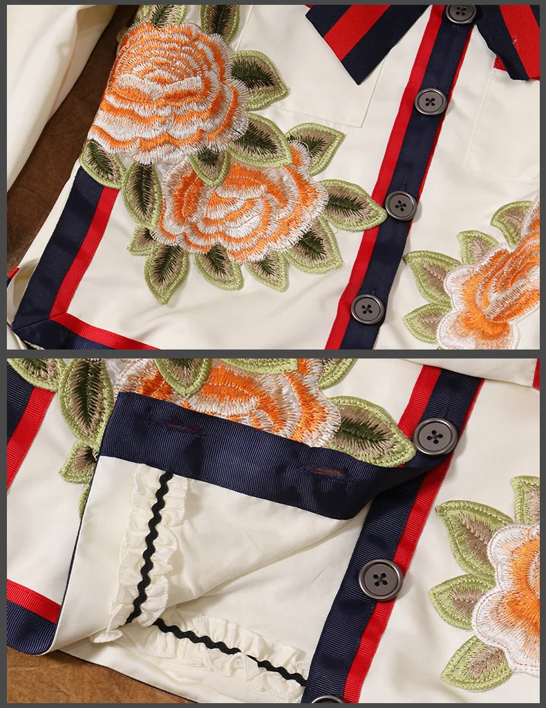 

See Orange Fashion Show 2017 Autumn Beige White Satin Suits Sexy Party Two Piece Sets Handwork Embroidery Florals Women Suits
