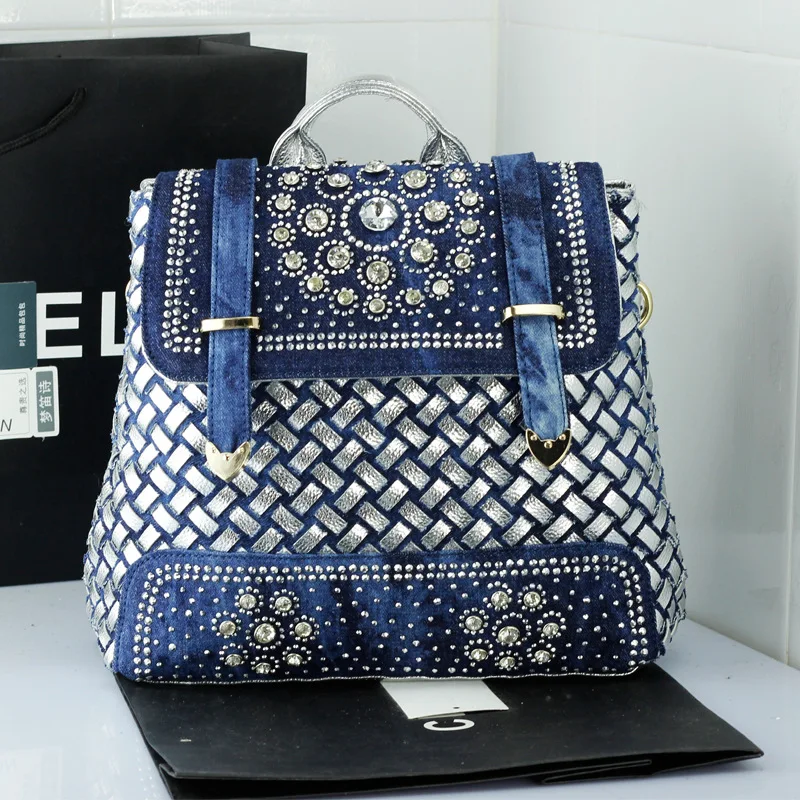 Johnature 2020 New Handwoven Denim Diamond Large Capacity Shoulder Bag Women Backpack Fashion Solid Color Lady Travel | Багаж и сумки