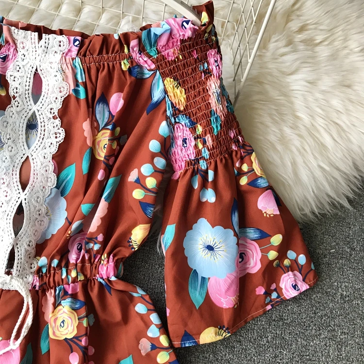 ALPHALMODA, летний женский пляжный комбинезон с принтом в стиле бохо, открытая кружевная отделка, пояс на талии, женский пляжный комбинезон с открытыми плечами