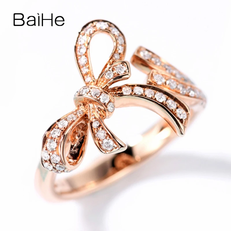 BAIHE, 14 K, розовое золото, около 0.22ct H/SI, Круглый, натуральные бриллианты, обручальное кольцо, обручальное кольцо, модное, с бантом, подарочное кольцо