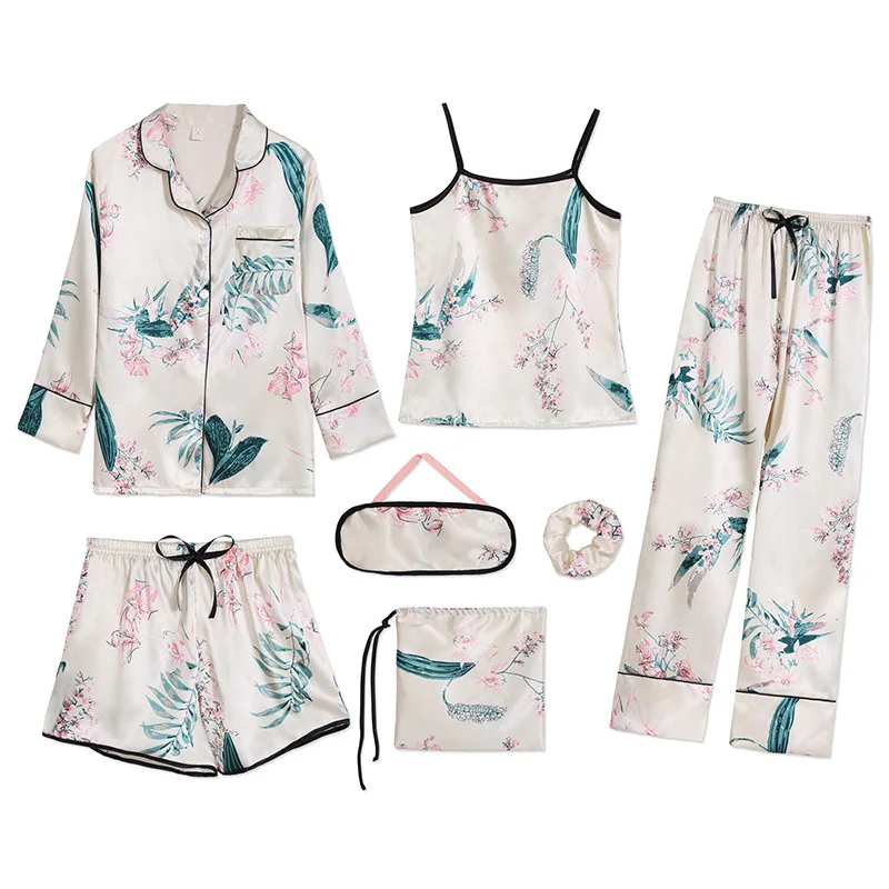 Strap Sleepwear Pyjamas Women's 7 Pieces Pink Pajamas Sets Satin Silk Lingerie Homewear Set Pijamas For Woman | Женская одежда