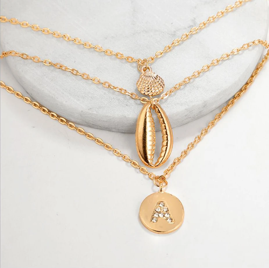 Три слоя ожерелье сплав литья под давлением раковины буквы А установка кулон