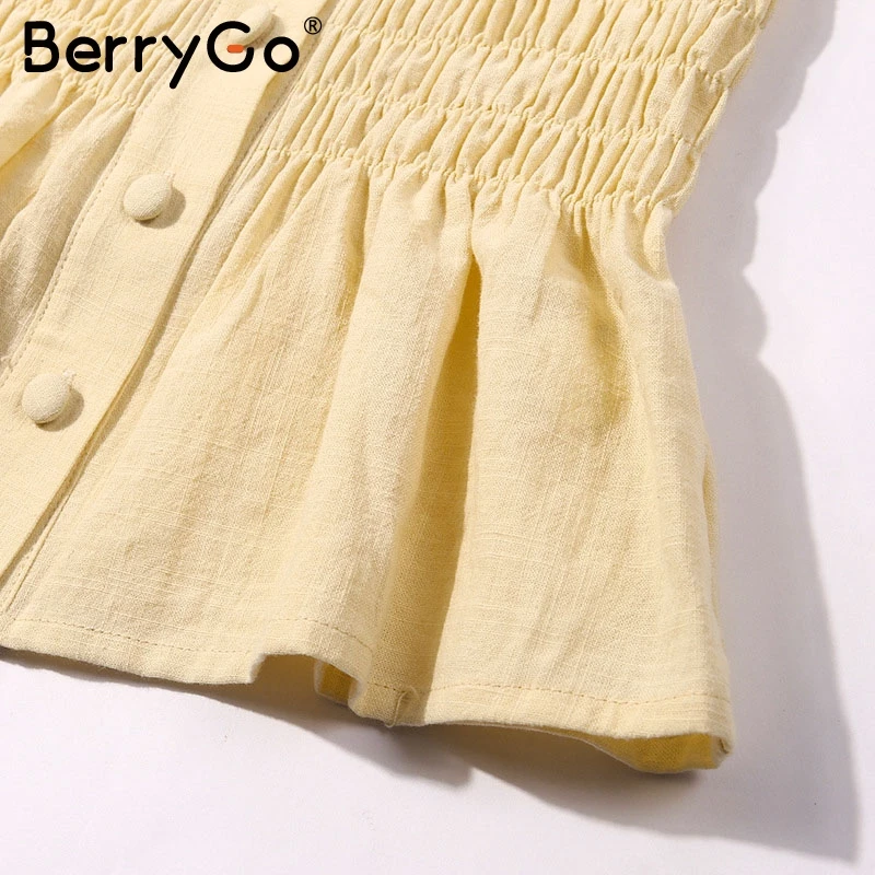 BerryGo Vintage off shoulder women crop top Ruched ruffle button summer blouse shirt Casual streetwear lace up ladies tops blusa |