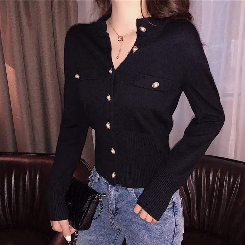 Long Sleeve Slim Knit Cardigan Sweater Women Single-Breasted Turtleneck Pocket Solid High Street Ladies Tops Cotton Coat Autumn |