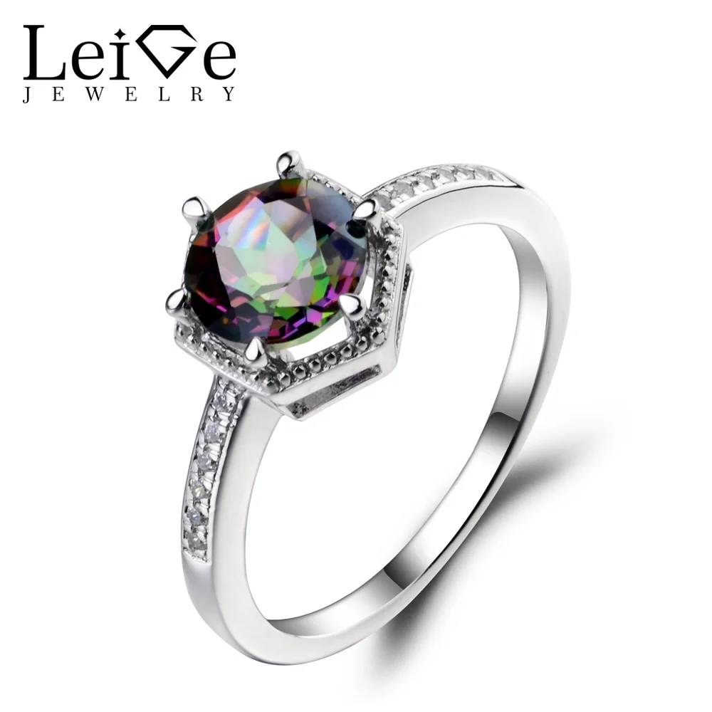 

Leige Jewelry Mystic Topaz Engagement Ring Sterling Silver 925 Round Cut Gemstone Jewelry Rainbow Topaz Promise Rings