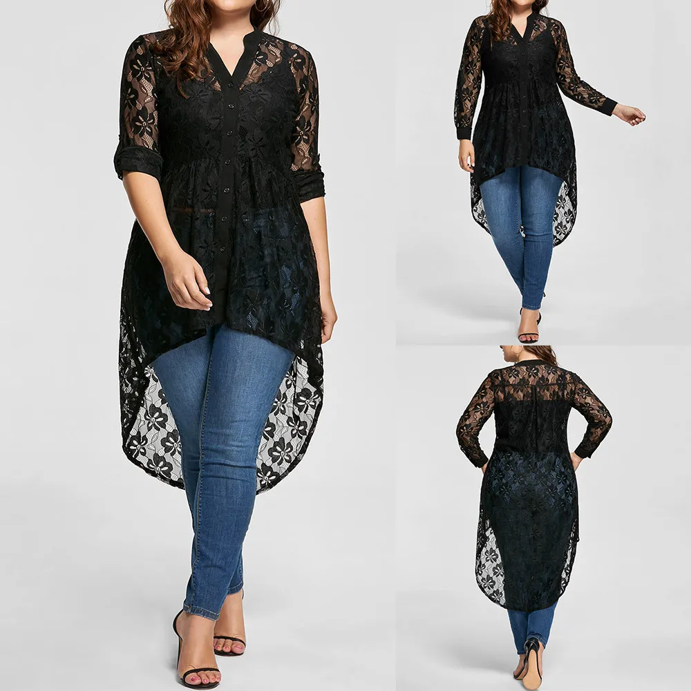 Blusas Femininas Женская блузка размера плюс кружевная рубашка с длинным рукавом перспективная женская верхняя одежда на пуговицах Женская одежда Новинка