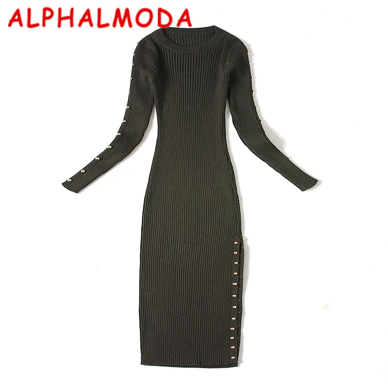 Женское трикотажное платье ALPHALMODA облегающее с заклепками низким разрезом и