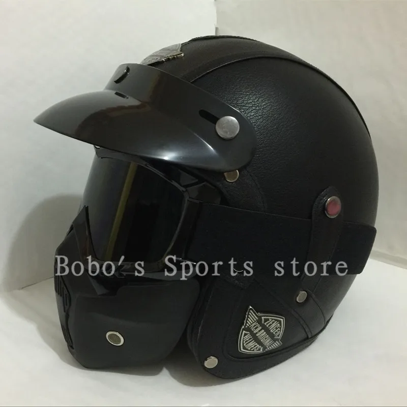 Vintage leather motorcycle helmet Retro Scooter Men/women's 3/4 Moto casco Goggles Mask for open face | Автомобили и