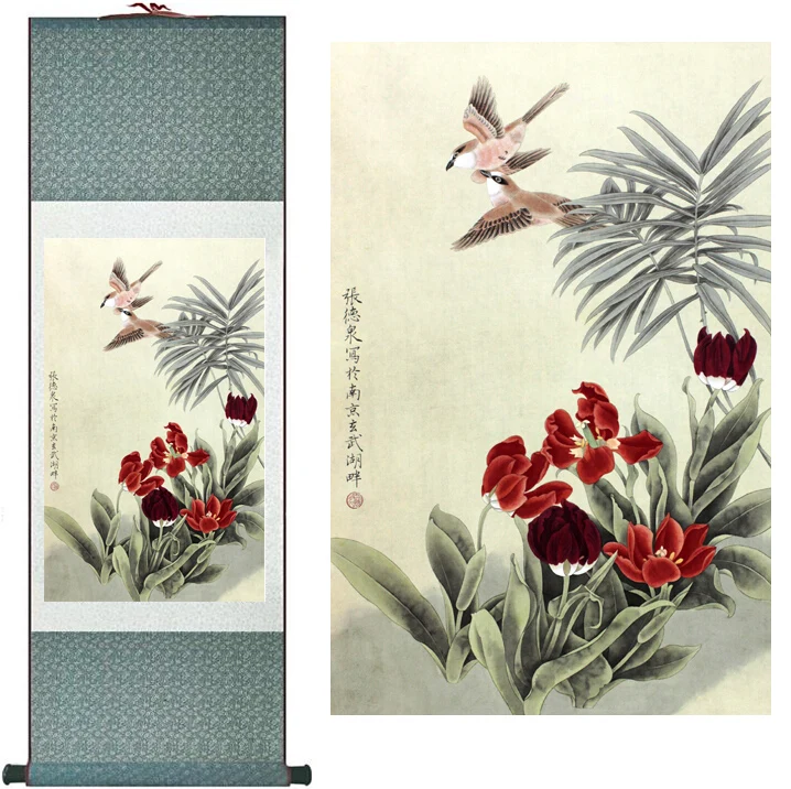 Картина с птицами и цветами, украшение для дома и офиса, китайская живопись в свитке, Весенняя картина с рисунками птиц