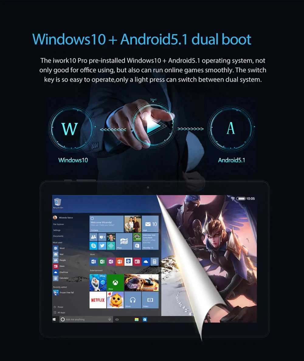 ALLDOCUBE iWork 10 Pro 2 в 1 планшет с клавиатурой 10,1 дюймов Windows 10 Android 5,1 Intel Atom x5-Z8350 4 Гб ram 64 Гб rom