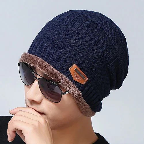 a hat blue Теплая вязаная плюшевая шапка, шарф, набор, меховая шерстяная Толстая Вязаная мужская шапка бини, Балаклава, зимняя шапка для мужчин и женщин, шапка Skullies bonnet - Цвет: a hat blue