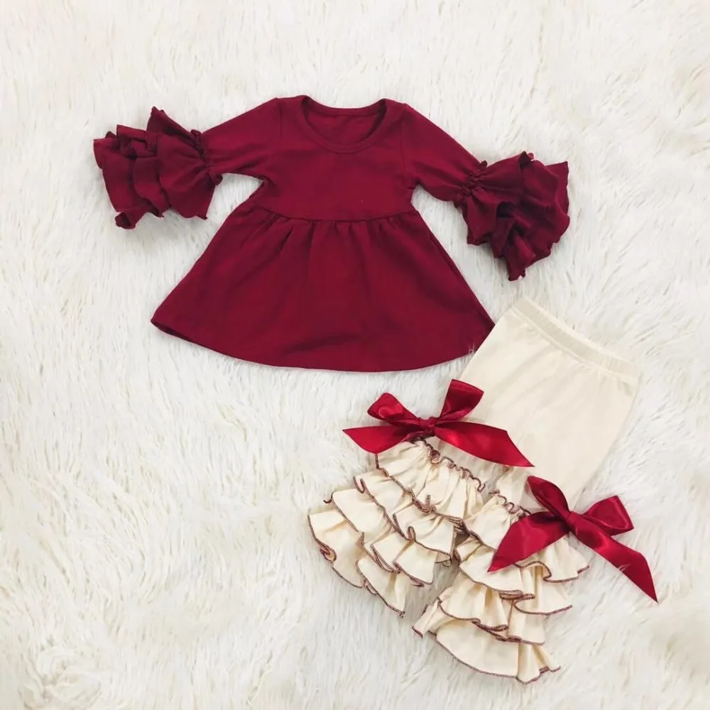 

Kaiya Angel Fashion Girls Boutique Outfits Solid Long Sleeve Top + Ruffle Bow Trousers Children Cotton Sets Factory Wholesale