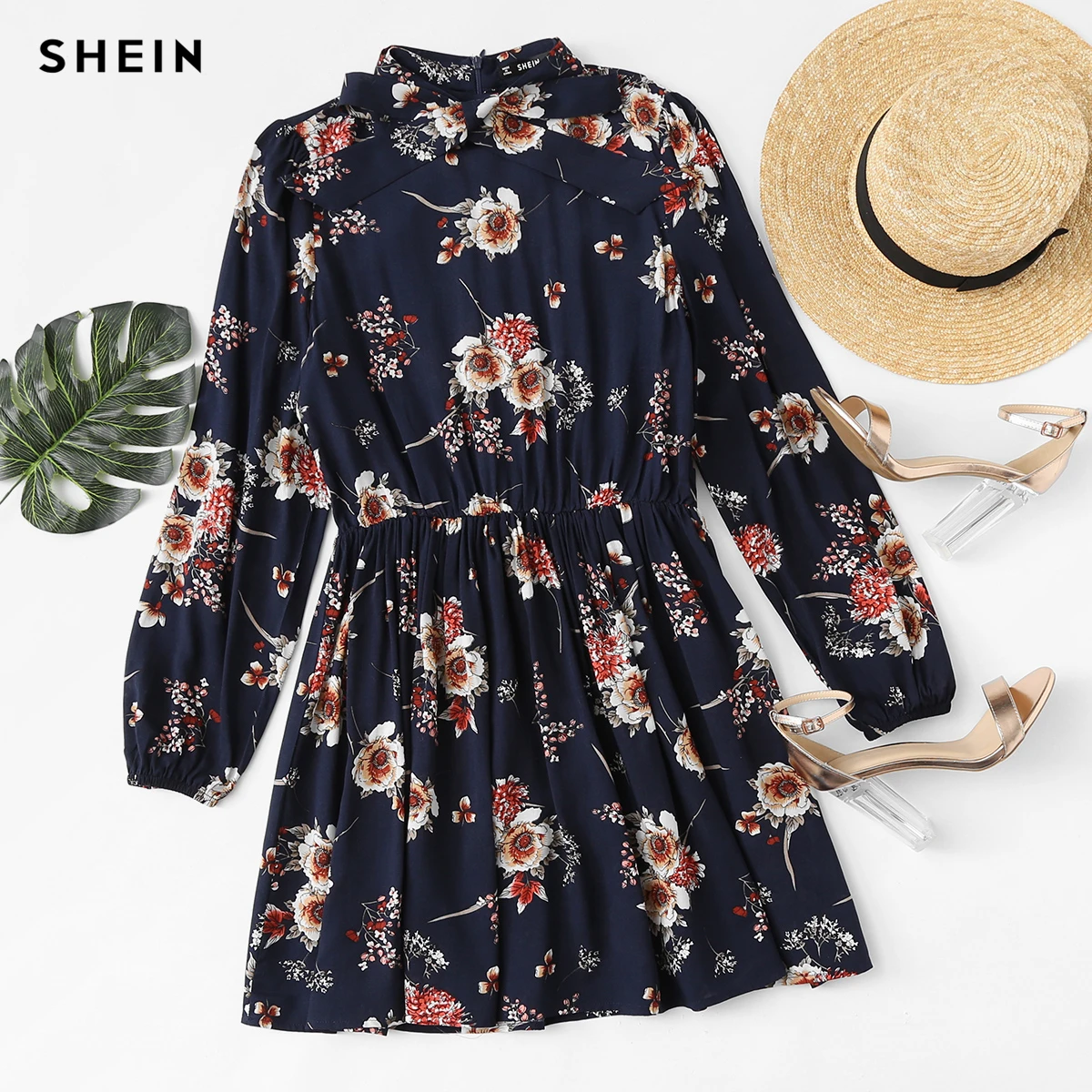 SHEIN Модное Платье С Бантом И Цветочным Принтом Женское Многоцветное Весеннее Элегантное Платье Со Стоячим Воротником И Длинными Рукавами